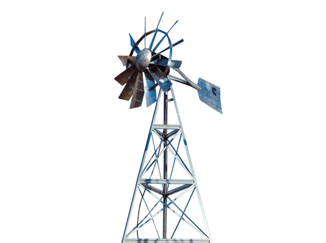 A silver 3-legged windmill against a white background.