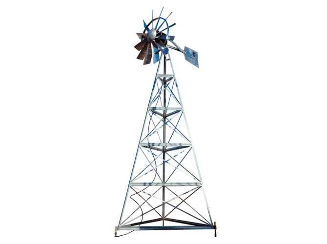 A silver 3-legged windmill against a white background.