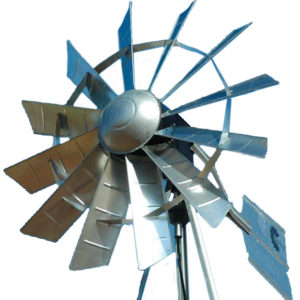 A silver 3-legged windmill against a white background.