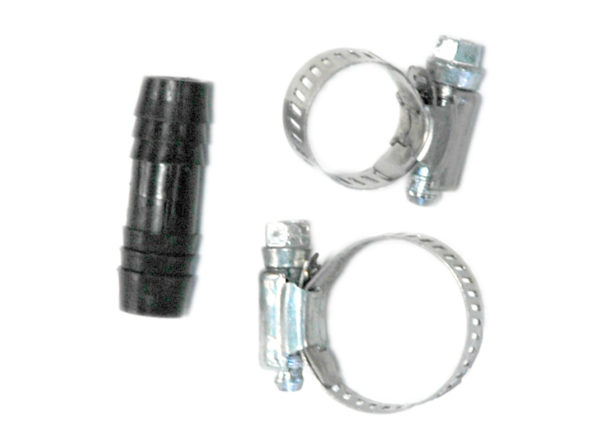 A 1/2 inch weighted airline connector and two clamps.