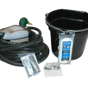 A small pond accessory kit with a bucket, nylon rope, air hose and a duck decoy.