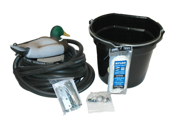 A small pond accessory kit with a bucket, nylon rope, air hose and a duck decoy.