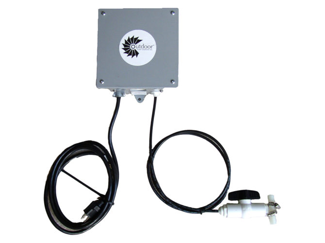 Close up of an Aeration Control Box. The box is silver and has the OWS logo on it. It has a hoes connected to it and an electric plug. Both are coming from the bottom of the box.