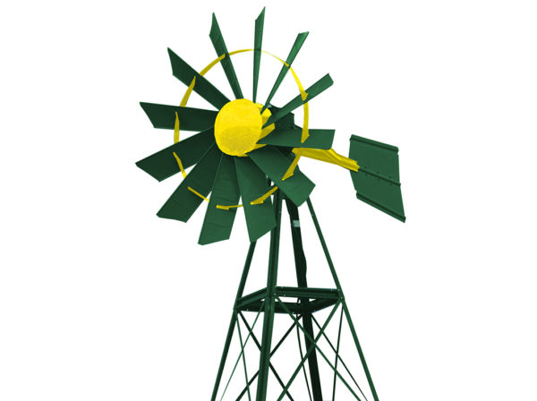 A green and yellow windmill against a white background.