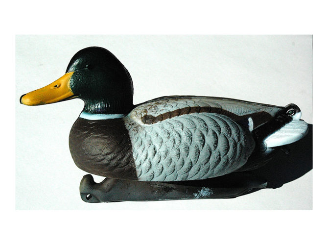 A duck decoy on a white background.