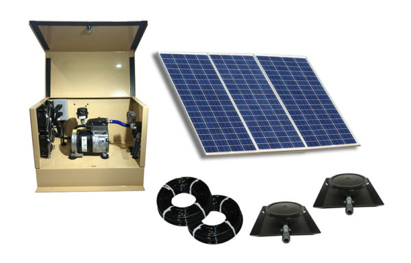 Outdoor Water Solutions DW Classic 3 Solar Aerator. It has 2 rolls of tubing, 2 weighted Rubber Membrane Diffuser with Base and Risers, a large group of solar panels, and a tan aeration unit in a cabinet.