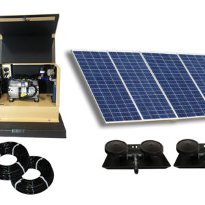 Outdoor Water Solutions DW Classic 5 Solar Aerator. It has 2 rolls of tubing, 2 weighted Dual Disc Rubber Membrane Diffuser with Base and Risers, a large group of solar panels, and a tan aeration unit in a cabinet on an equipment pad.