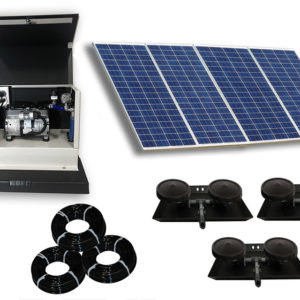 Outdoor Water Solutions DW Classic 6 Solar Aerator. It has 3 rolls of tubing, 3 weighted Dual Disc Rubber Membrane Diffuser with Base and Risers, a large group of solar panels, and a tan aeration unit in a cabinet on an equipment pad.