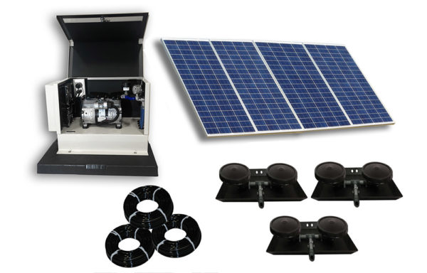 Outdoor Water Solutions DW Classic 6 Solar Aerator. It has 3 rolls of tubing, 3 weighted Dual Disc Rubber Membrane Diffuser with Base and Risers, a large group of solar panels, and a tan aeration unit in a cabinet on an equipment pad.