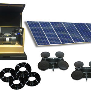 Outdoor Water Solutions DW Classic 8 Solar Aerator. It has 4 rolls of tubing, 2 weighted Quad Disc Rubber Membrane Diffuser with Base and Risers, a large group of solar panels, and a tan aeration unit in a cabinet.