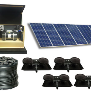 Outdoor Water Solutions DW Classic 9 Solar Aerator. It has a spool of tubing, 4 weighted Dual Disc Rubber Membrane Diffuser with Base and Risers, a large group of solar panels, and a tan aeration unit in a cabinet.