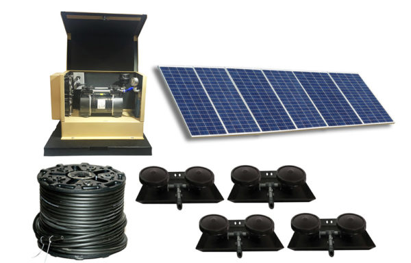 Outdoor Water Solutions DW Classic 9 Solar Aerator. It has a spool of tubing, 4 weighted Dual Disc Rubber Membrane Diffuser with Base and Risers, a large group of solar panels, and a tan aeration unit in a cabinet.