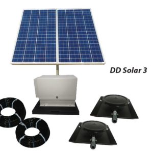 Outdoor Water Solutions Solar Pond Aerator 3 AerMaster Direct Drive Aeration System. It has 2 rolls of tubing, 2 weighted Dual Disc Rubber Membrane Diffuser with Base and Risers, a large group of solar panels, and a tan aeration unit in a cabinet on an equipment pad.