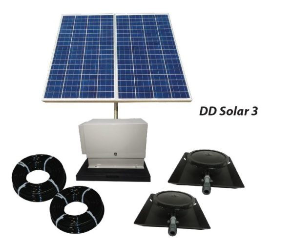 Outdoor Water Solutions Solar Pond Aerator 3 AerMaster Direct Drive Aeration System. It has 2 rolls of tubing, 2 weighted Dual Disc Rubber Membrane Diffuser with Base and Risers, a large group of solar panels, and a tan aeration unit in a cabinet on an equipment pad.