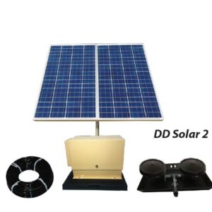 Outdoor Water Solutions Solar Pond Aerator 2 AerMaster Direct Drive Aeration System. It has 1 rolls of tubing, 1 weighted Dual Disc Rubber Membrane Diffuser with Base and Risers, a large group of solar panels, and a tan aeration unit in a cabinet on an equipment pad.