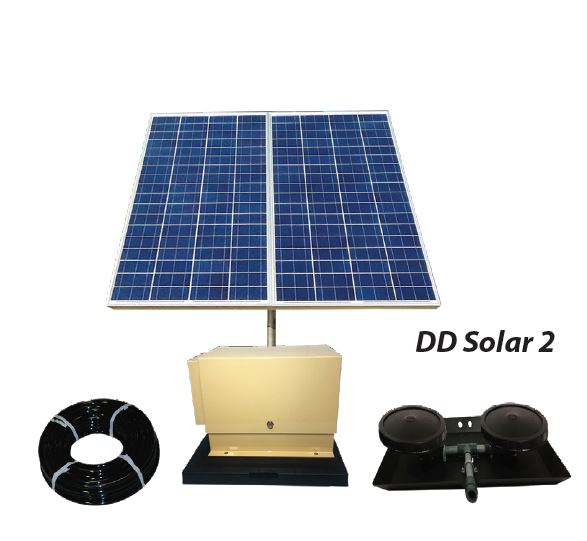 Outdoor Water Solutions Solar Pond Aerator 2 AerMaster Direct Drive Aeration System. It has 1 rolls of tubing, 1 weighted Dual Disc Rubber Membrane Diffuser with Base and Risers, a large group of solar panels, and a tan aeration unit in a cabinet on an equipment pad.