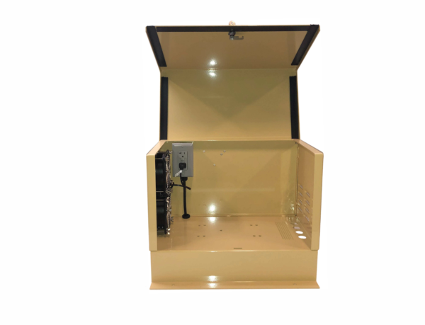 Outdoor Water Solutions Tan Aeration Cabinet. The cabinet is empty except for an electric plug and two fans on the left side. The door is open at the top.