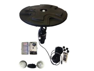 Top view of a single floating fountain, a small electrical cabinet and two LED lights.