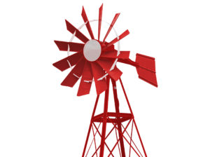A red and white windmill against a white background.