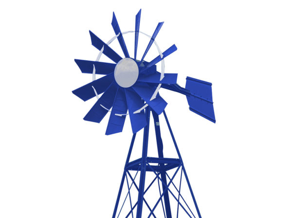 A blue and white windmill on a white background.