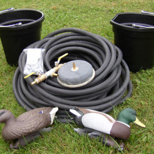 A medium pond accessory kit including 2 buckets, 1 airstone, two ducks, a roll of hose and a connector.
