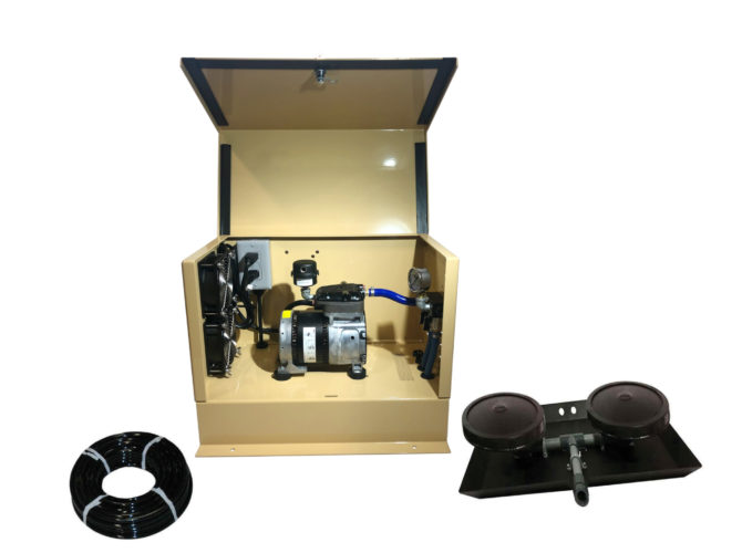 Outdoor Water Solutions Deep Pond Electric Aerator AerMaster Pro 2. It has 1 roll of air hose, 1 weighted Dual Disc Rubber Membrane Diffuser with Base and Risers, and a tan aeration unit in a cabinet.