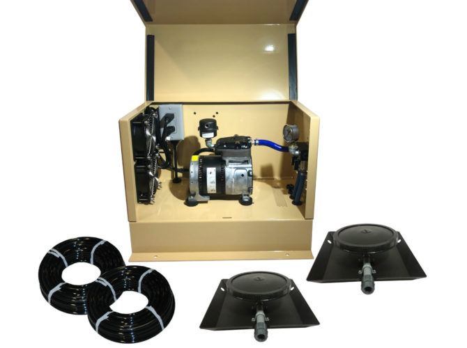 Outdoor Water Solutions Deep Pond Electric Aerator AerMaster Pro 3. It has 2 rolls of air hose, 2 weighted single Disc Rubber Membrane Diffuser with Base and Risers, and a tan aeration unit in a cabinet.