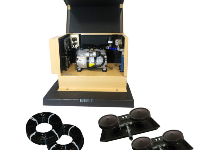 Outdoor Water Solutions Deep Pond Electric Aerator AerMaster Pro 5. It has 2 rolls of air hose, 2 weighted Dual Disc Rubber Membrane Diffuser with Base and Risers, and a tan aeration unit in a cabinet.