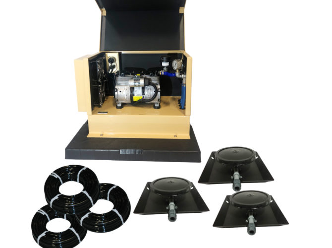 Outdoor Water Solutions Deep Pond Electric Aerator AerMaster Pro 6. It has 3 rolls of air hose, 3 weighted single Disc Rubber Membrane Diffuser with Base and Risers, and a tan aeration unit in a cabinet.