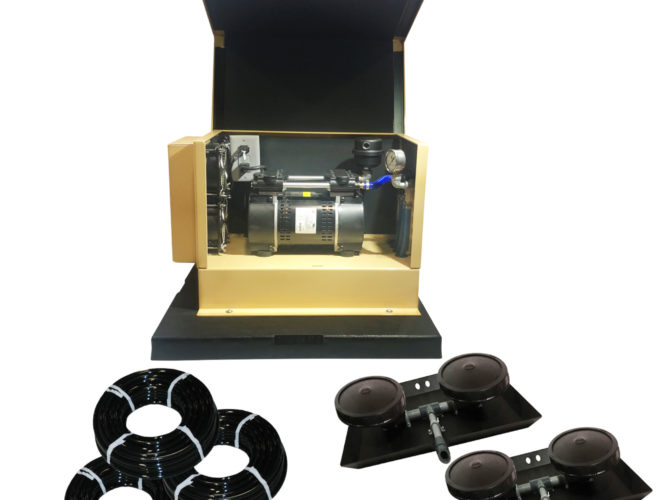 Outdoor Water Solutions Deep Pond Electric Aerator AerMaster Pro 8. It has 3 spools of air hose, 2 weighted Dual Disc Rubber Membrane Diffuser with Base and Risers, and a tan aeration unit in a cabinet.