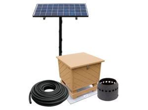 Outdoor Water Solutions Deep Pond Electric Aerator AerMaster. It has a roll of air hose, and a tan aeration unit in a cabinet.