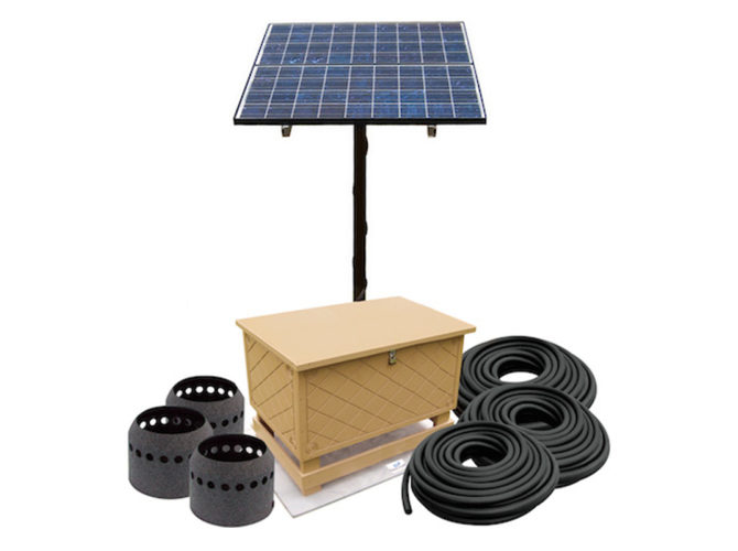 Outdoor Water Solutions Deep Pond Electric Aerator AerMaster. It has 3 rolls of air hose, and a tan aeration unit in a cabinet.