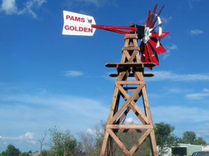 White and red windmill head with a white tail fin with "Pams Golden" written in red letters with a small dog printed on it.