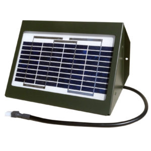 A 12 volt 2 watt solar charger on a white background in a green housing with an electrical wire coming off it.