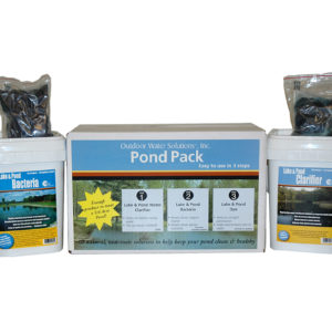 Pond Pack in a white box. Bucket of Pond Bacteria. Bucket of Pond Clarifier. Both buckets have bags of their respective products on top.