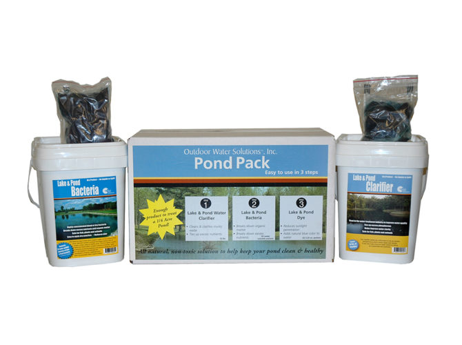 Pond Pack in a white box. Bucket of Pond Bacteria. Bucket of Pond Clarifier. Both buckets have bags of their respective products on top.