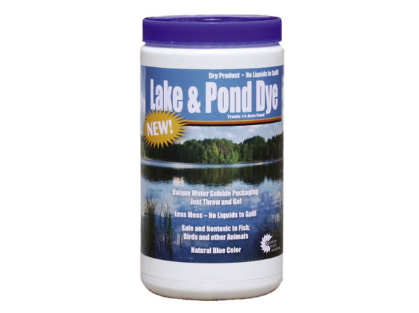A container of Lake and Pond Dye on a white background.
