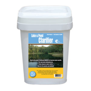 A white bucket of Lake and Pond Clarifier on a white background.