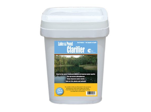 A white bucket of Lake and Pond Clarifier on a white background.