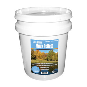 A white bucket of Lake and Pond Muck Pellets on a white background.