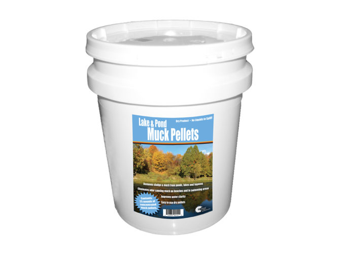 A white bucket of Lake and Pond Muck Pellets on a white background.