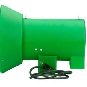 A green Bug Light Fish Feeder with an electrical connection on a white background.