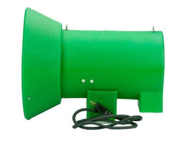 A green Bug Light Fish Feeder with an electrical connection on a white background.