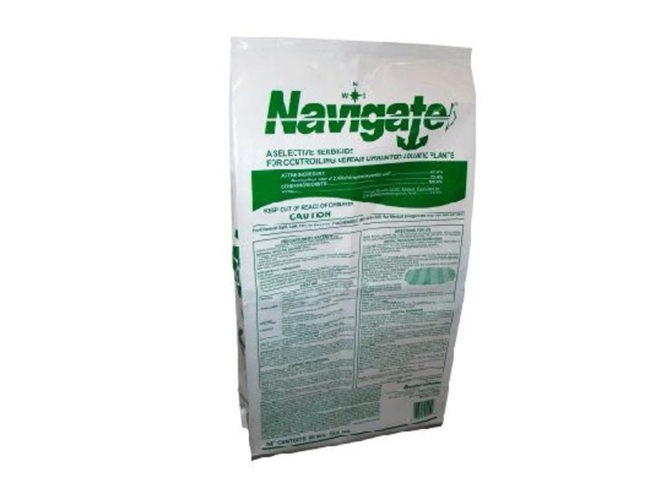 A bag of Navigate Herbicide on a white background.