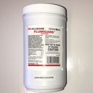 A white tub of Flumigard Herbicide on a white background.
