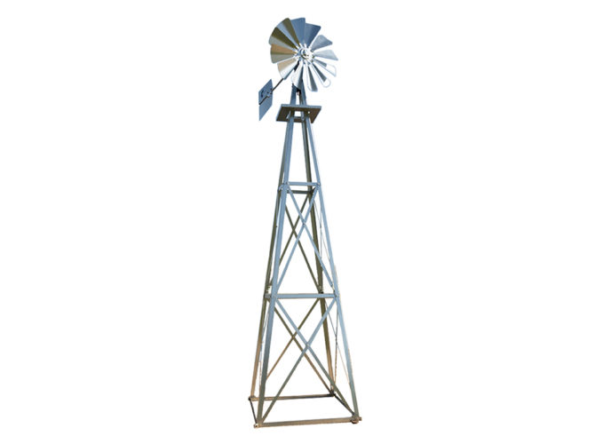 Close up of a small, silver 4-legged windmill head against a blue sky.