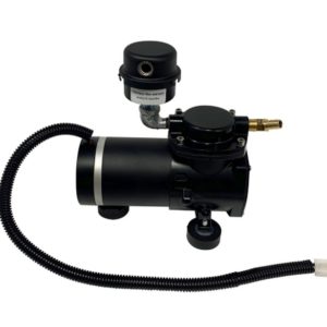 Black compressor with a wire attached to it.