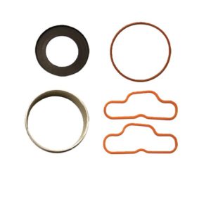 One thick black gasket, one thin red gasket, two thin light red gaskets and one metal cylender