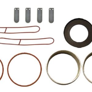 Gast 3/4 HP Replacement Rocking Piston Maintenance Kit. Two red round gaskets, four metal rings, two of which are thick and two are thin. Two red oblong gaskets and 4 spacers.