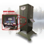 The H125 Fish Feeder against a background with fog, trees, and water. There is a blowup of the easy access panel with the batter and timer shown.